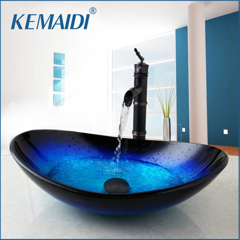 KEMAIDI Новый Водопад Носик Черный кран + раковина для ванной комнаты умывальник из
