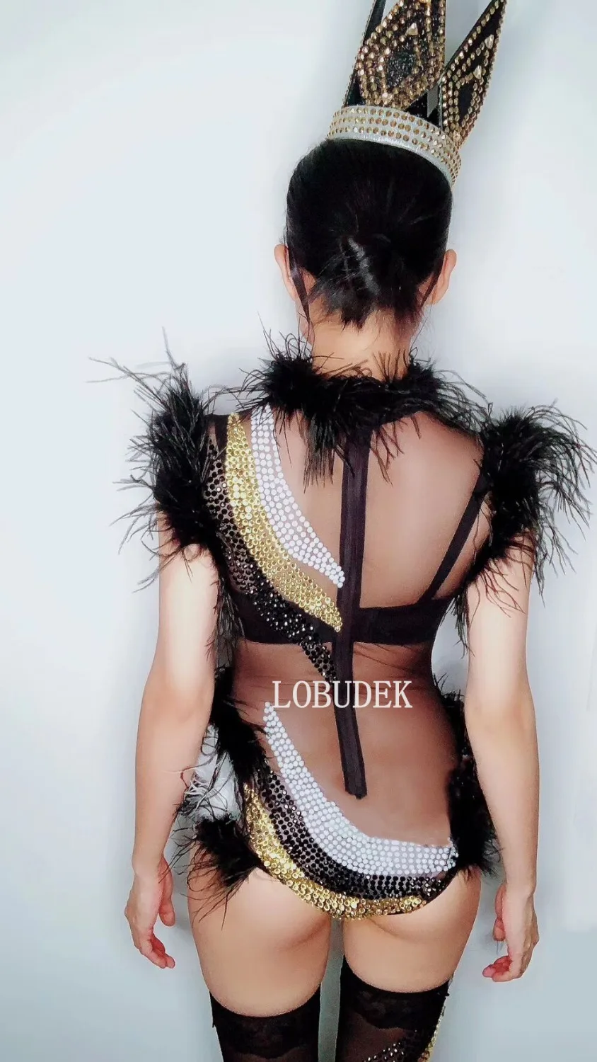 Боди Стразы с черными белыми перьями комбинезон для ночного клуба вечеринки