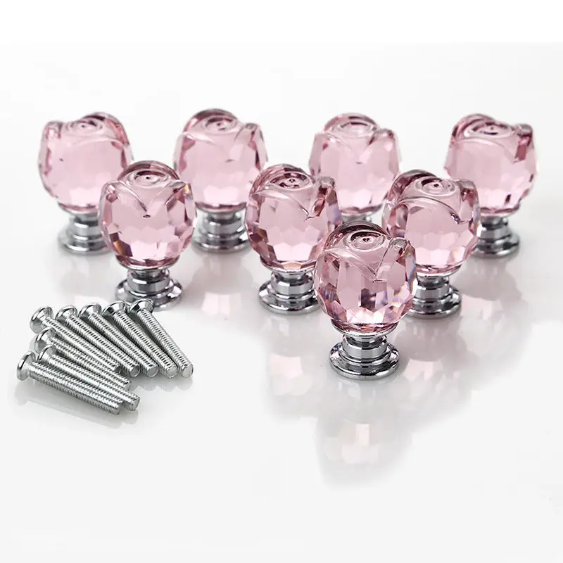 

8 Pcs/Set Door Knobs Pink Rose Crystal Glass Kitchen Cabinet Pulls Drawer Furniture Handle 22MM w/8x20mm 8 x Screws