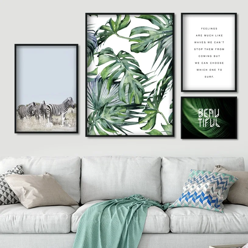 Зеленый Monstera пальмовый лист роза цветок настенная живопись холст скандинавские