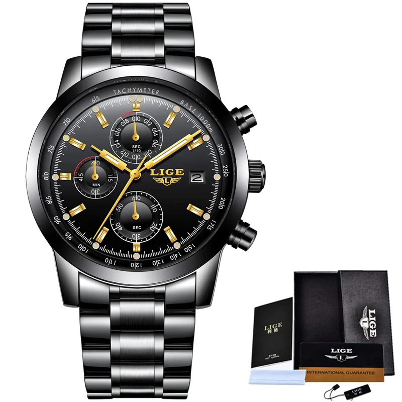 steel black gold LIGE часы для мужчин модные спортивные кварцевые часы для мужчин s часы лучший бренд класса люкс Полный сталь Бизнес водонепроницаемые часы Relogio Masculino - Цвет: steel black gold