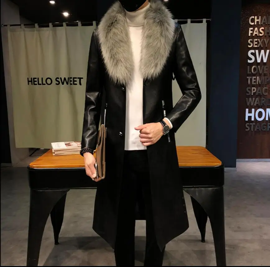 M-3xl мужской Тренч из искусственной кожи с меховым воротником корейский длинный
