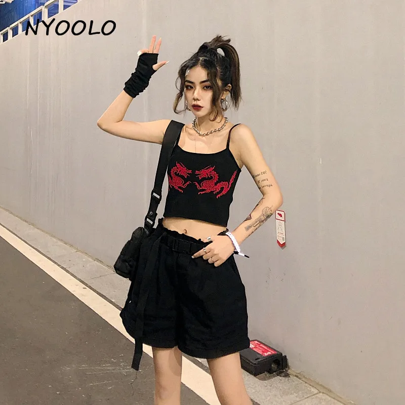 NYOOLO Harajuku стиль, винтажный Рисунок дракона, короткий топ с принтом, летняя уличная одежда, сексуальный топ без рукавов, женская одежда