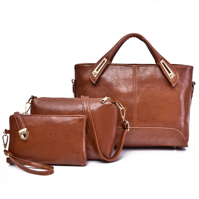 

2019 New 3Pcs Women Handbags Set Oil PU Leather Shoulder Bags Lady Large Capacity designer handbag Female Purses And Handbags