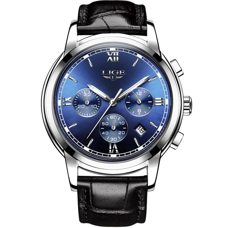 silver blue leather Люксовый бренд LIGE часы мужские модные спортивные военные кварцевые часы мужские полностью стальные бизнес водонепроницаемые часы мужские Relogio Masculino - Цвет: silver blue leather