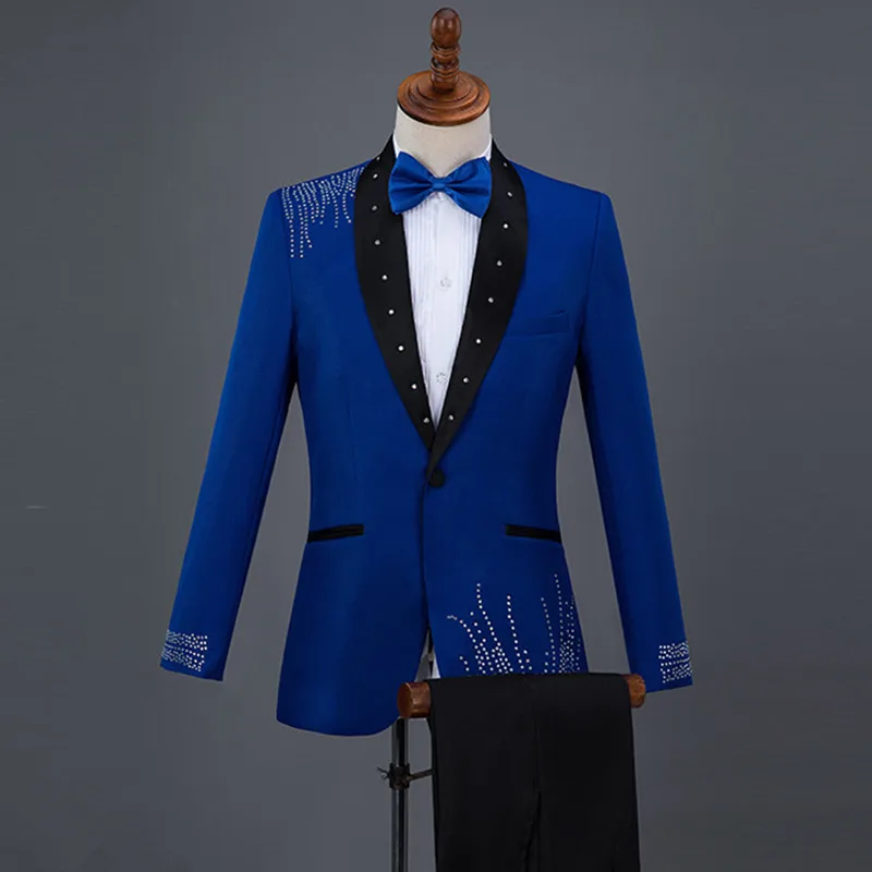4 Colors Formal Men Suits Crystals Blazers Pants Suit Singer Chorus Performance Costume Wedding Master Prom Host Stage Outfits