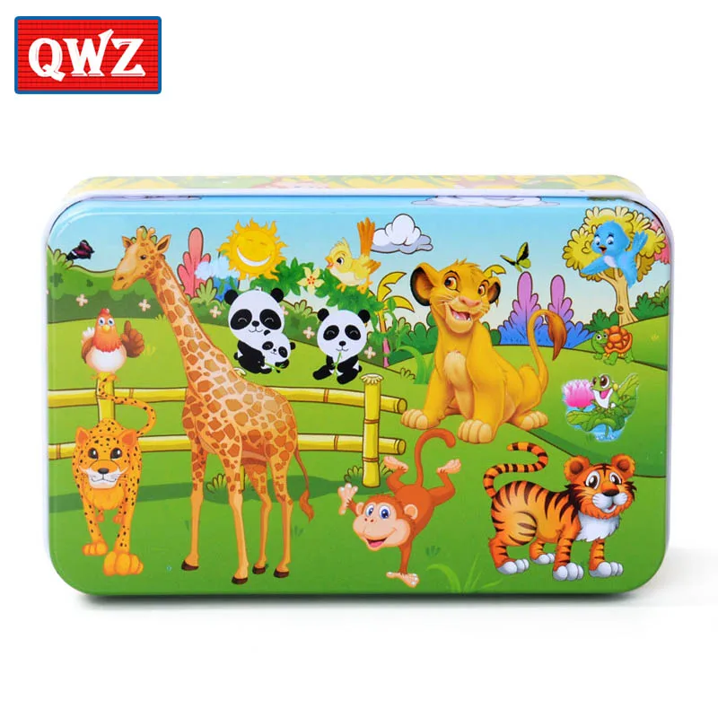 QWZ 60 шт. 3D DIY деревянные головоломки обучающая игрушка милая головоломка железная коробка Мультяшные персонажи животные Раннее Обучение для детей Подарки