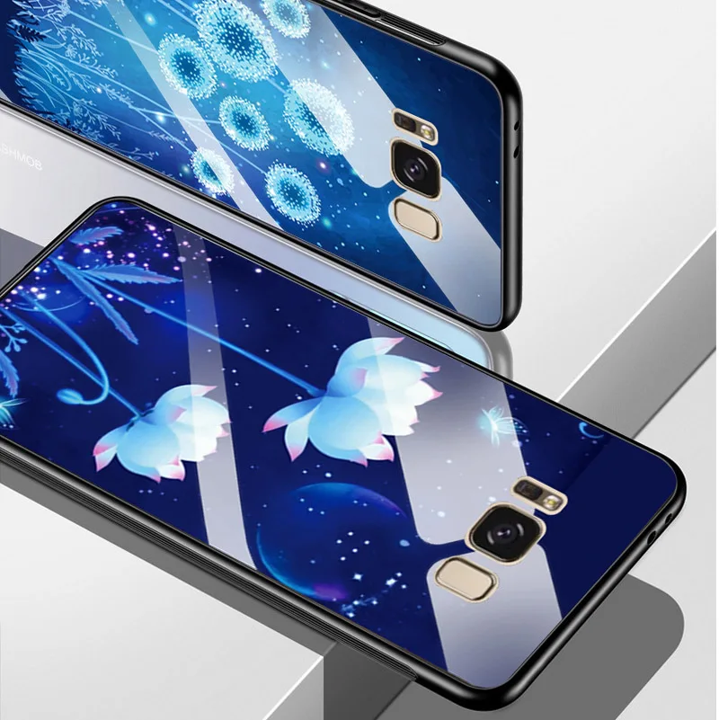 For Samsung Galaxy S8 Tempered Glass Case Soft Edge Back Cover Plus Phone Shell Flowers S8Plus Bags |