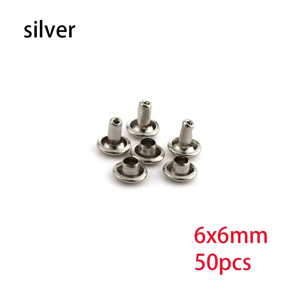 silver-6X6mm Горячая Распродажа, 50 шт в наборе, 6/8 мм Металлический Шип рок с двумя круглыми Кепки заклепки шпилька столкновения ногтей, рыба, мужская сумка для обуви пояса одежды браслет - Цвет: silver-6X6mm