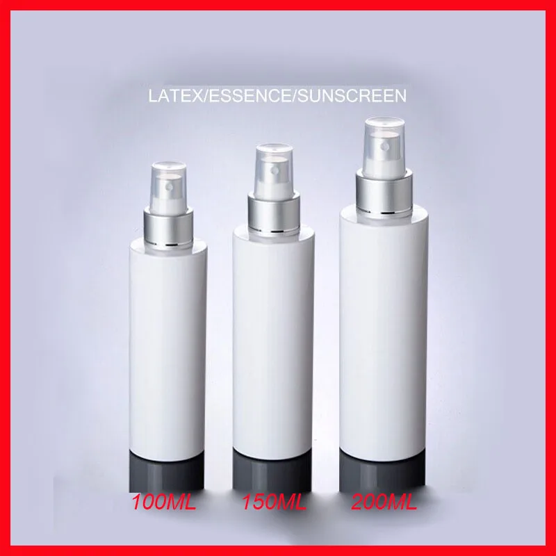 

100G/200G PET White flat shoulder plastic mist spray bottle matt silver cap bottle cosmetic container Cosmetic Packaging