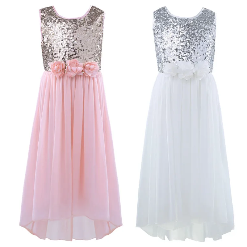 Платье без рукавов для девочек шифоновое платье с блестками и цветами пышное