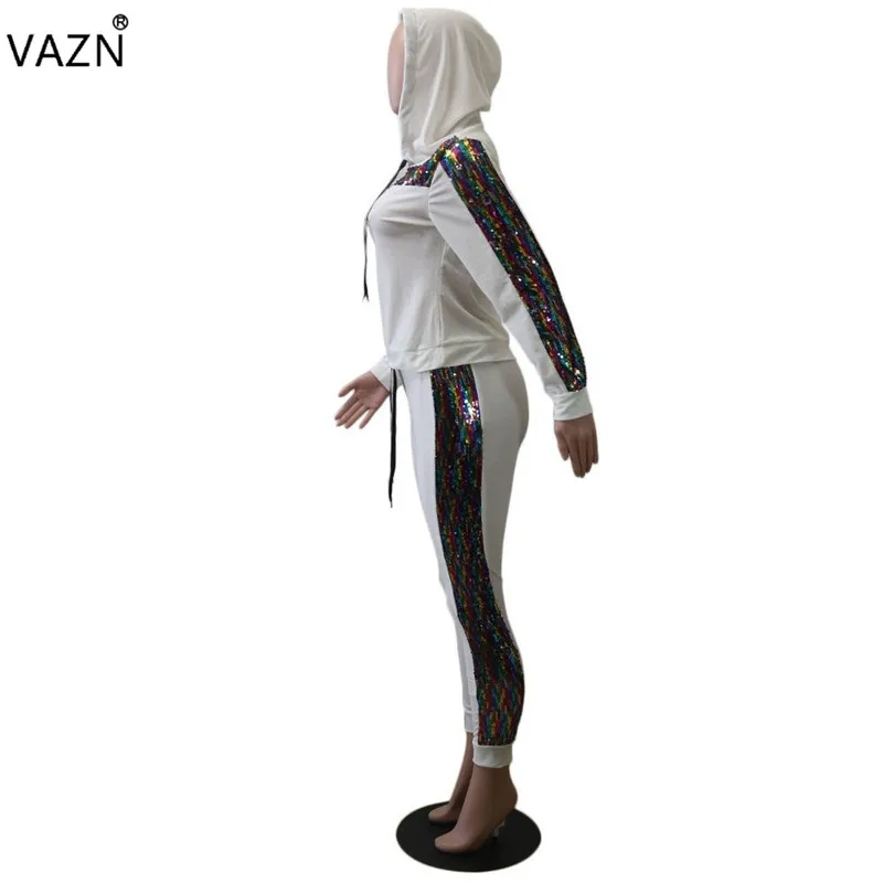 VAZN/Новинка года; модные повседневные женские комбинезоны с блестками; однотонные комбинезоны с капюшоном и длинными рукавами; Облегающий комбинезон из 2 предметов для женщин; PN6100