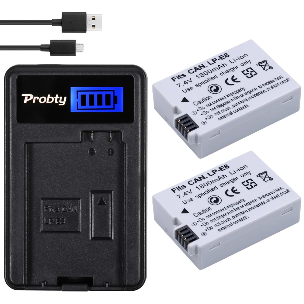 PROBTY 2 шт. LP E8 Батарея + ЖК дисплей USB Зарядное устройство для Canon 550D 600D 650D 700D цифровой