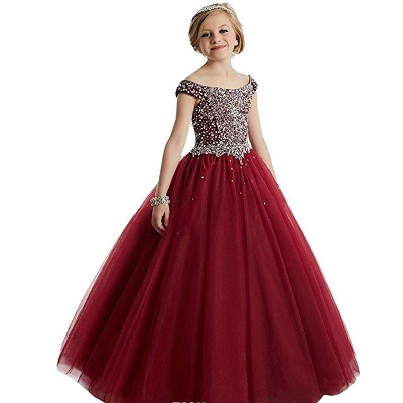 

Luxury Flower Girls Dresses Crystal Beading Scalloped Neck Puffy Tulle Girls Pageant Dresses Birthday Party Dresses