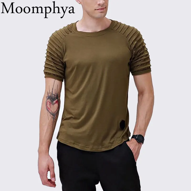

Moomphya стильная уличная Мужская футболка в стиле хип-хоп, Мужская плиссированная футболка, Мужская облегающая футболка с коротким рукавом, За...