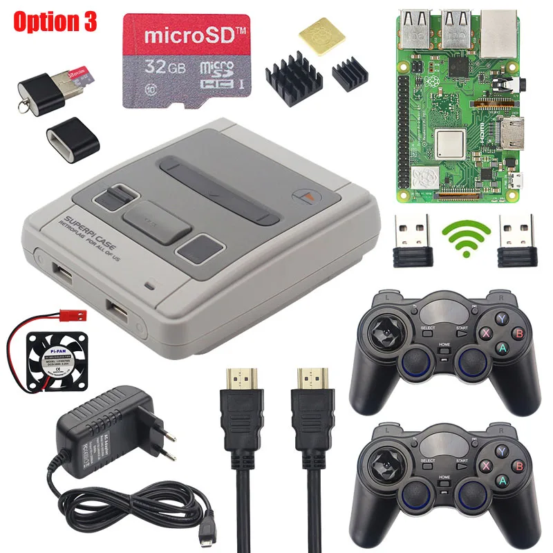 Option 3 Игровой Комплект Raspberry Pi 3 Model B Plus+ блок питания+ sd-карта 32 ГБ+ кабель HDMI+ теплоотвод+ чехол NESPi Retropie 3B Plus - Цвет: Option 3