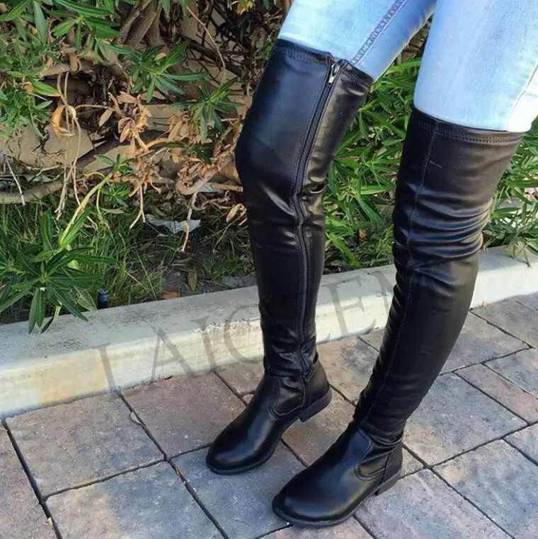 LGZ543 Black LAIGZEM Trendy Over Knee Women Boots Thigh High Side Zip Low Chunky Heels Faux Leather Shoes Botines Mujer Large Size 34-52 - Цвет: LGZ543 Black