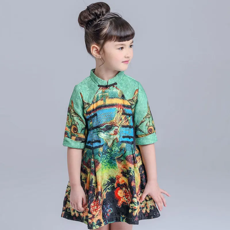 

2018 New European&chinese style kids dresses summer autumn half dresses for girls fashion 2-10T print child clothes dresses