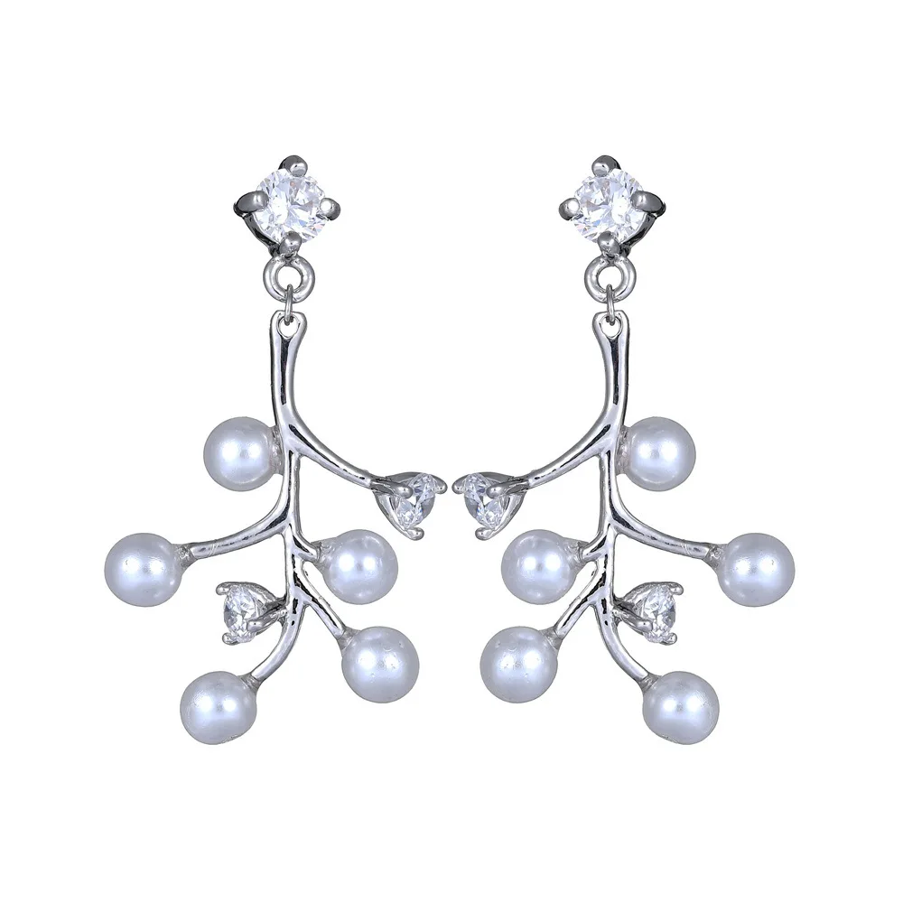 

RONGQING 1Pair/lot 925 Silver Stud Zircon Branch Dangle Earrings for Women Sisters Plant Pearls Earring Gifts