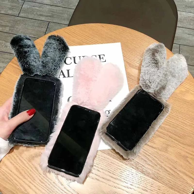 For iPhone 7 8 Xr phone case 3D Cute Rabbit Hairy Warm Fur Cover for 5S 6S Xs 12 11 Pro Max Bling Rhinestone Plush Bunny | Мобильные