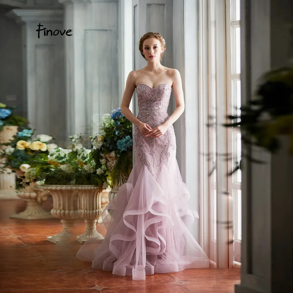 Finove Mermaid Evening Dress 2020 Sexy Strapless Lace-Up Gorgeous Beading Ruffles Train Floor Length Long Party Gown For Woman | Свадьбы и