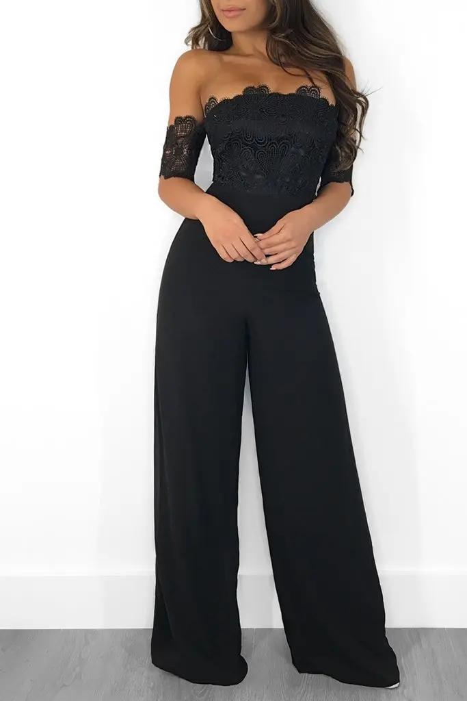 Strapless Women Sexy Off Shoulder Clubwear Jumpsuit Lace Floral High Waist Playsuit Summer Female Party Jumpsuit Clothes