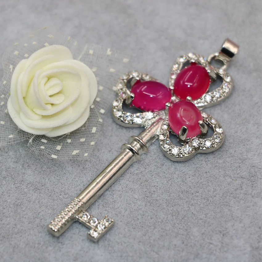 Серебряный цвет Подвески Цветок Ключ форма кулон для женщин 33*70 мм красные