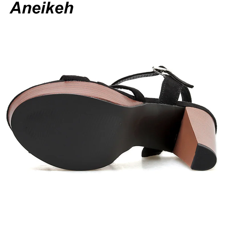 Aneikeh/ г.; Модные женские босоножки из флока в римском стиле; Повседневные Вечерние Туфли с круглым носком на высоком квадратном каблуке с ремешком на лодыжке; цвет черный, 40