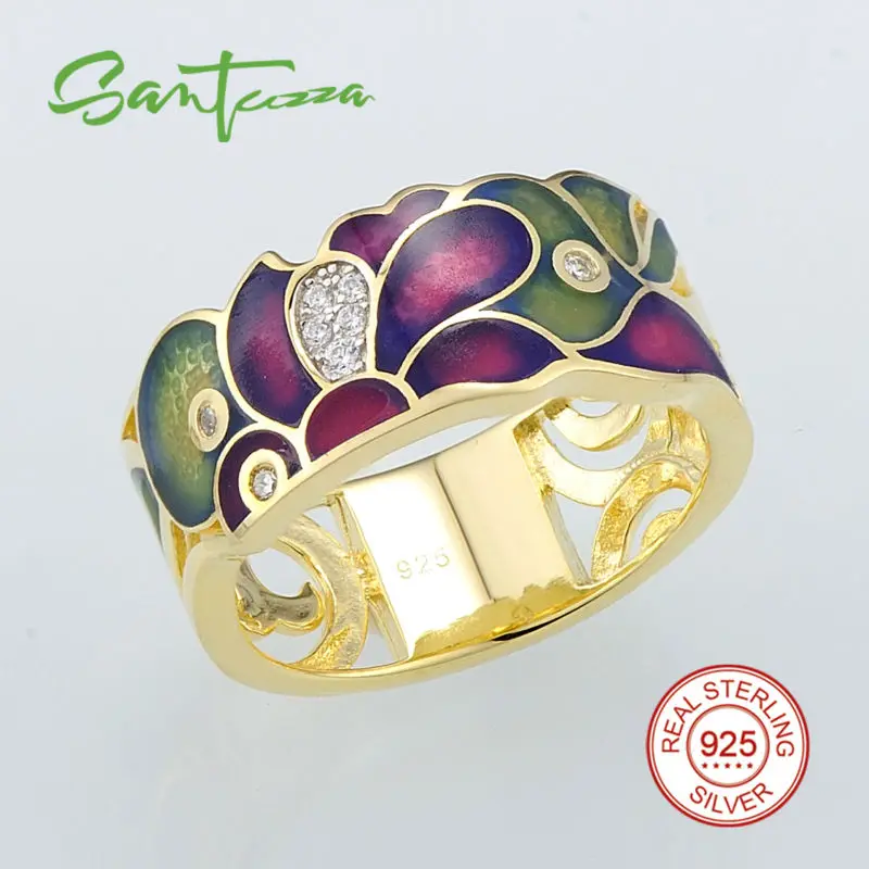 Женское серебряное кольцо SANTUZZA, 925 пробы, серебряное, золотое, очаровательное кольцо с цветком, кубическим цирконием, вечерние ювелирные изделия, эмаль ручной работы
