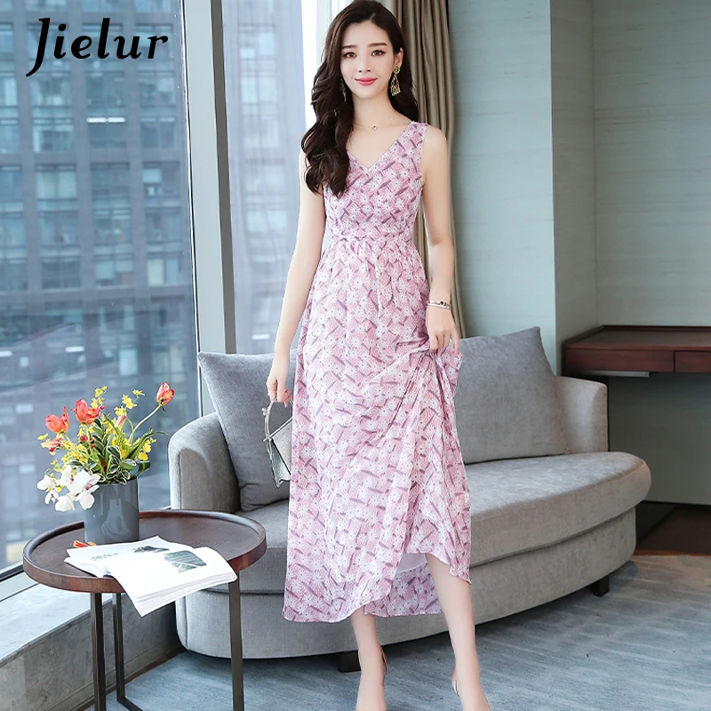 Jielur Boho женское платье с v образным вырезом без рукавов robe Femme розовые шифоновые