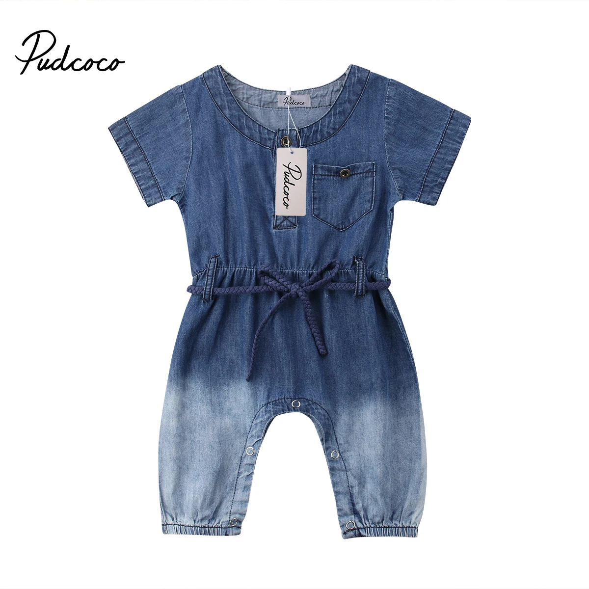2018 Brand New 0-24M Summer Casual Toddler Baby Girls Boys Denim Romper Short Sleeve Sashes Blue Jumpsuits Clothes | Мать и ребенок