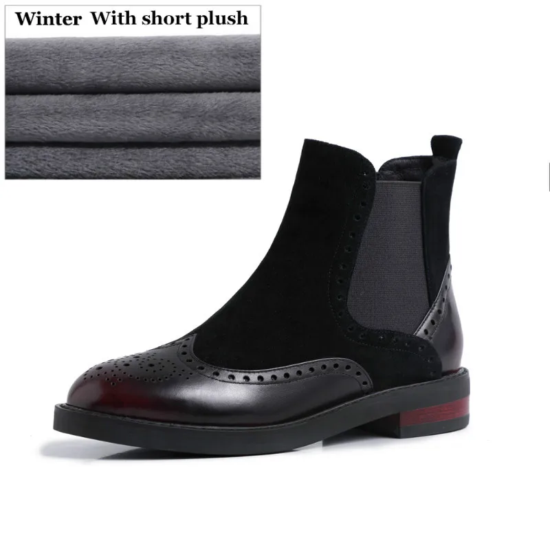 Wine red Winter Винтажные Женские ботинки в английском стиле; роскошные женские ботильоны из натуральной кожи; замшевые ботинки с перфорацией типа «броги» на низком каблуке; зимние теплые ботинки - Цвет: Wine red Winter