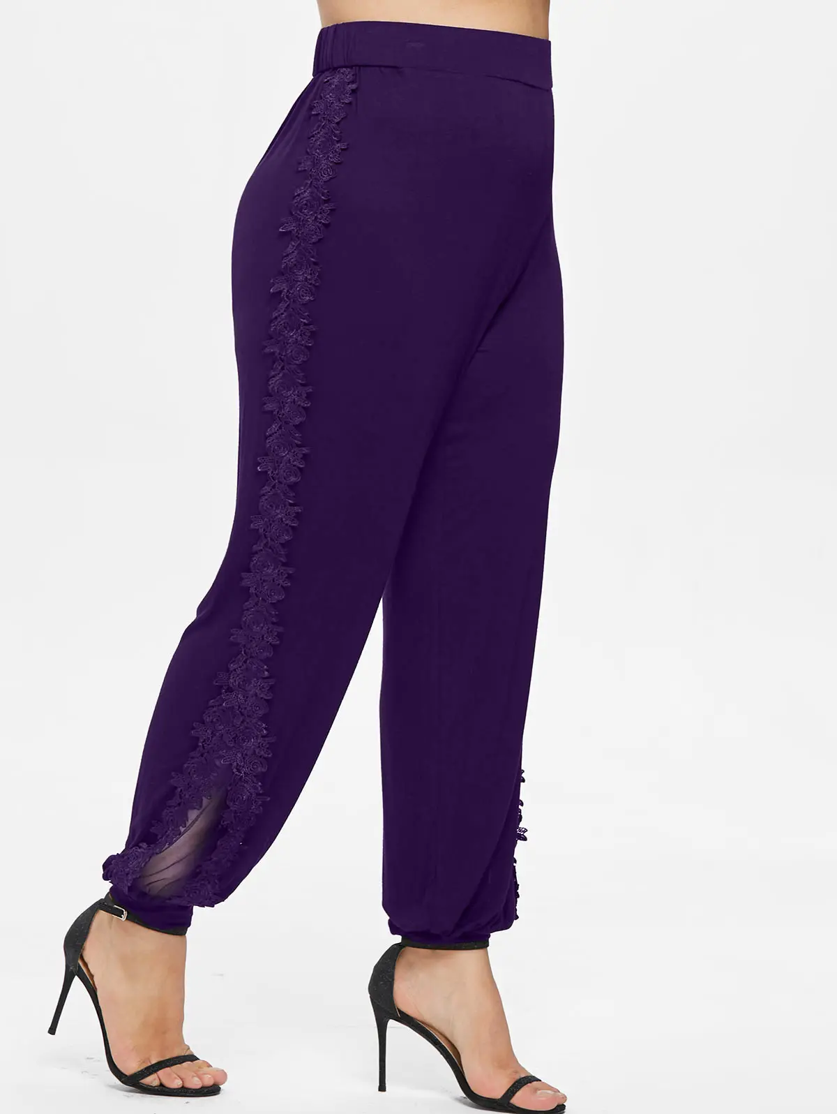 ROSEGAL Plus Size 5XL High Waist Sexy Side Lace Crochet Dance Harem Pants Women Big Size Mesh Trousers Female XXXXL XXXL XXL - Цвет: Purple