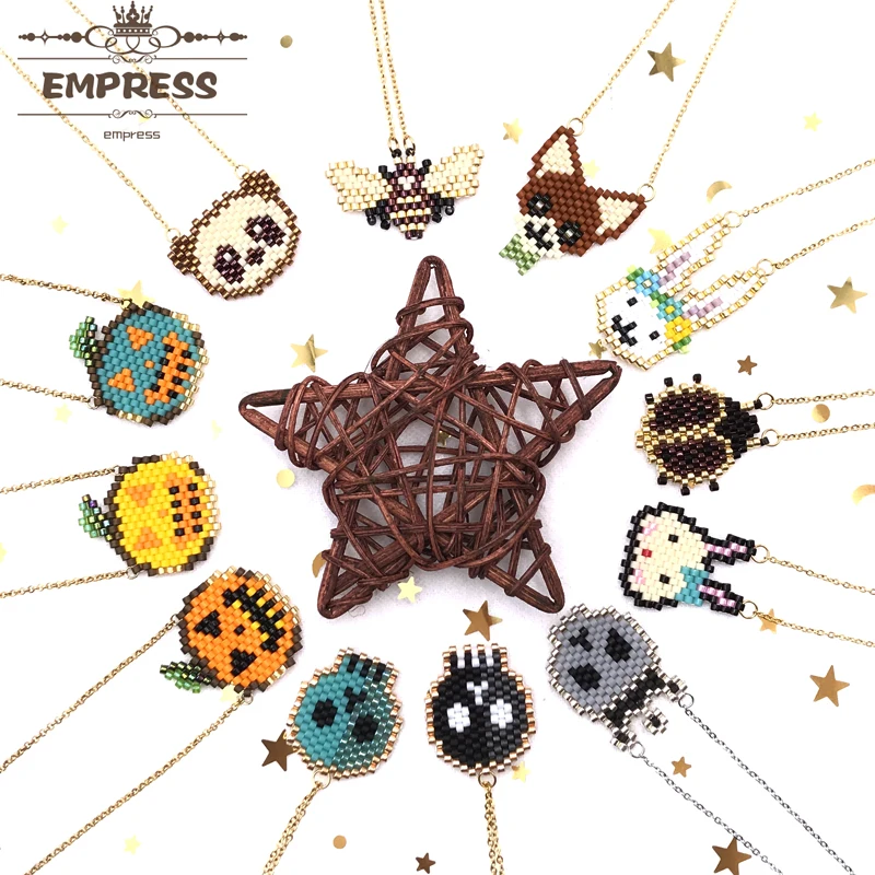 

New Fashion Cute Animals Pumpkin Panda Rabbit Bee Skeleton Fox Ladybird Boho Necklace Handmade Miyuki Necklaces Crystal Choker