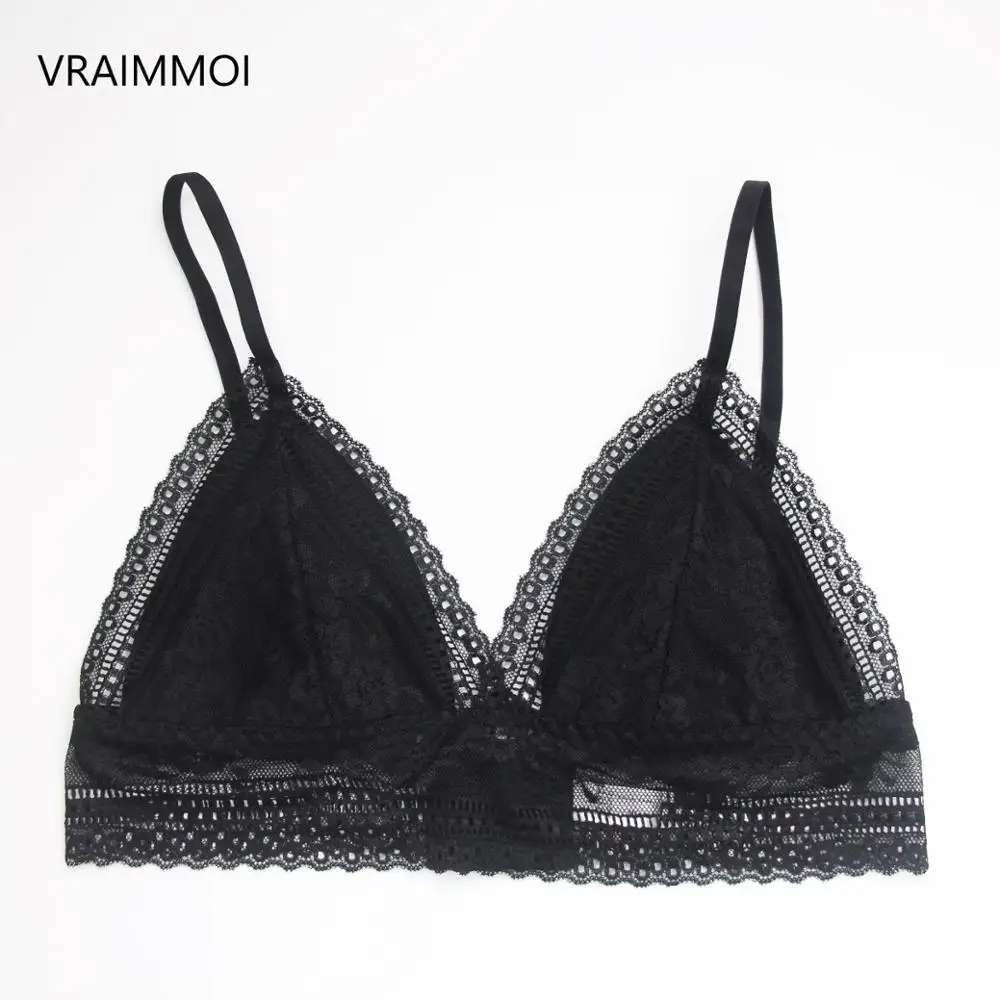 BLACK VRAIMMOI, сексуальный бюстгальтер, кружевной бюстгальтер, сексуальное белье, женское нижнее белье, пуш-ап бюстгальтер, мягкий, беспроводной, без косточек, Прозрачное нижнее белье для женщин - Цвет: BLACK
