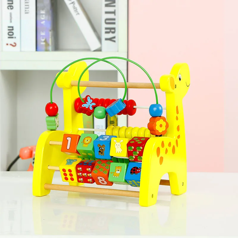 

Candice guo wooden toy wood cartoon giraffe multifunctional calculating beads aroud 3-in-1 xylophone Abacus math game gift 1pc