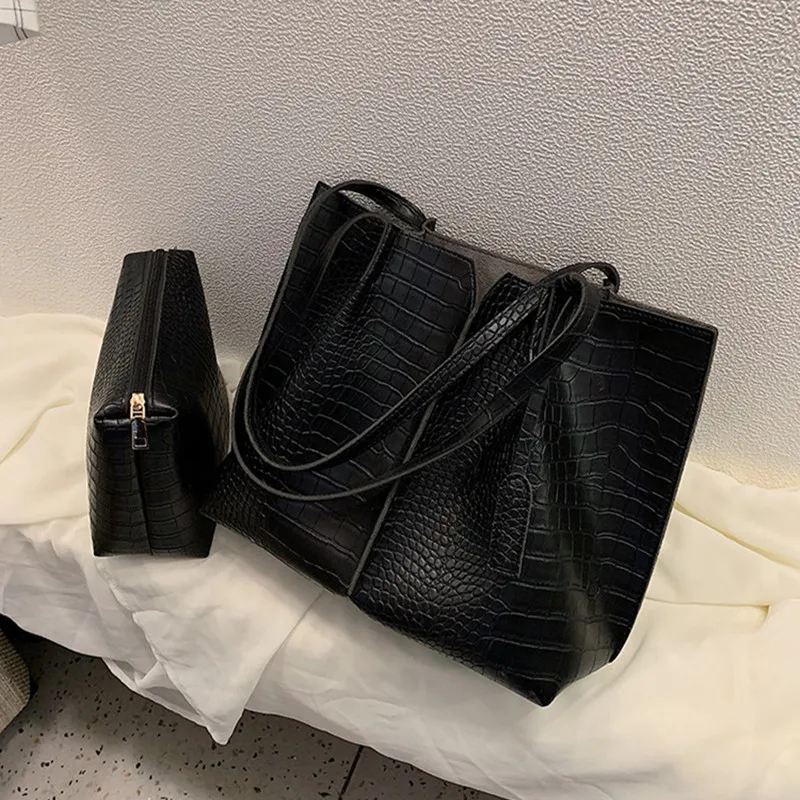 2 Piece Large Women Shoulder Bag Set Ruched Crocodile Alligator Composite Bag Big Capacity Female Handbag Shopping Traveling Bag