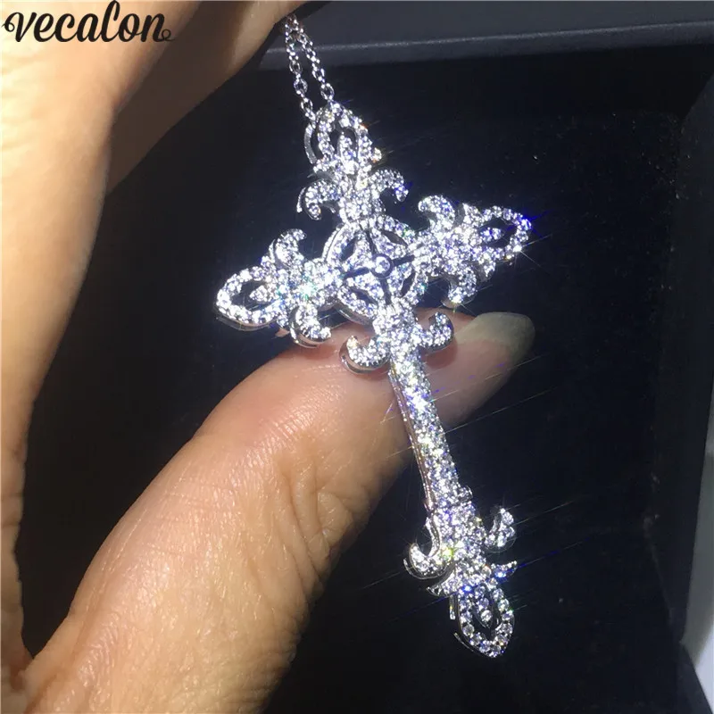 Vecalon цветочный длинный крест подвеска из стерлингового серебра 925 пробы 5A Cz