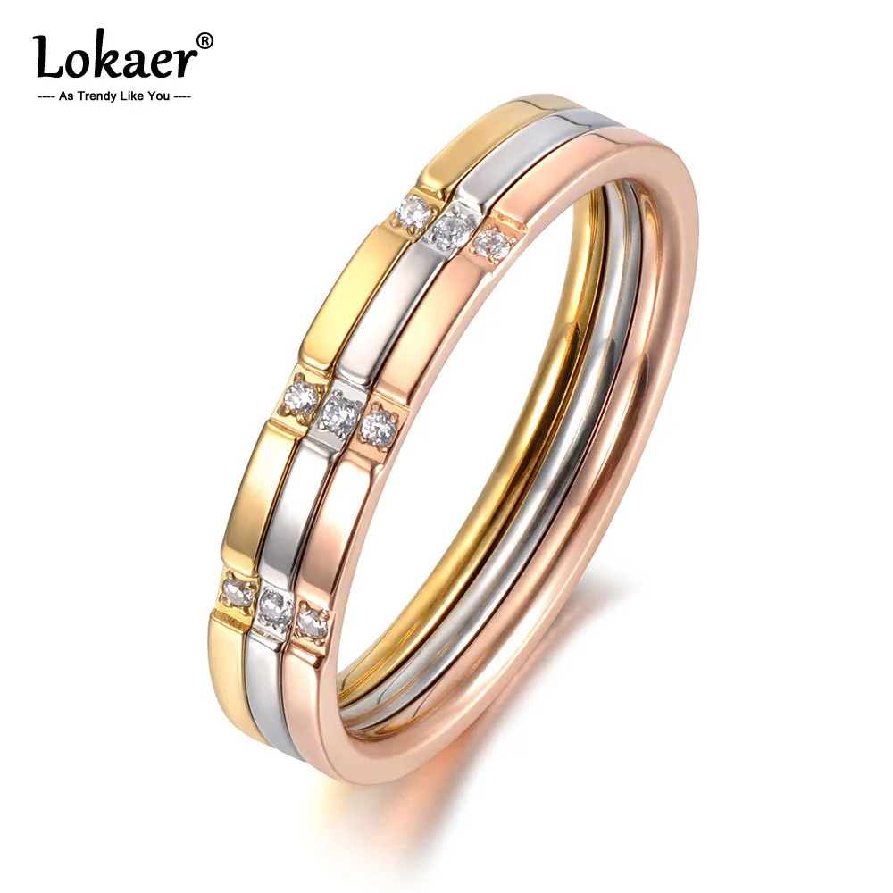 Lokaer Трендовое 3 в 1 красочное Золотое мозаичное CZ Кристальное кольцо ювелирные изделия титановая сталь обручальное кольцо для женщин девочек R19055