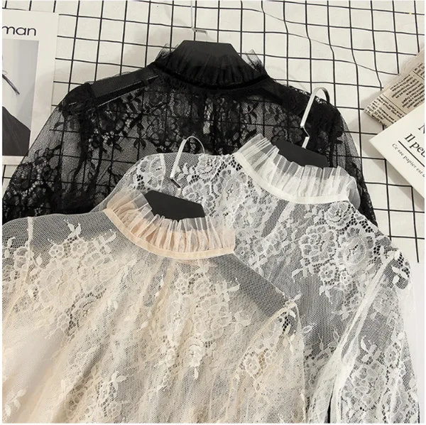 

new High Quality Elegant Long Sleeve beaded Women Lace Blouse Shirts Crochet Tops Blusas Mesh Chiffon Female Mesh Turtleneck