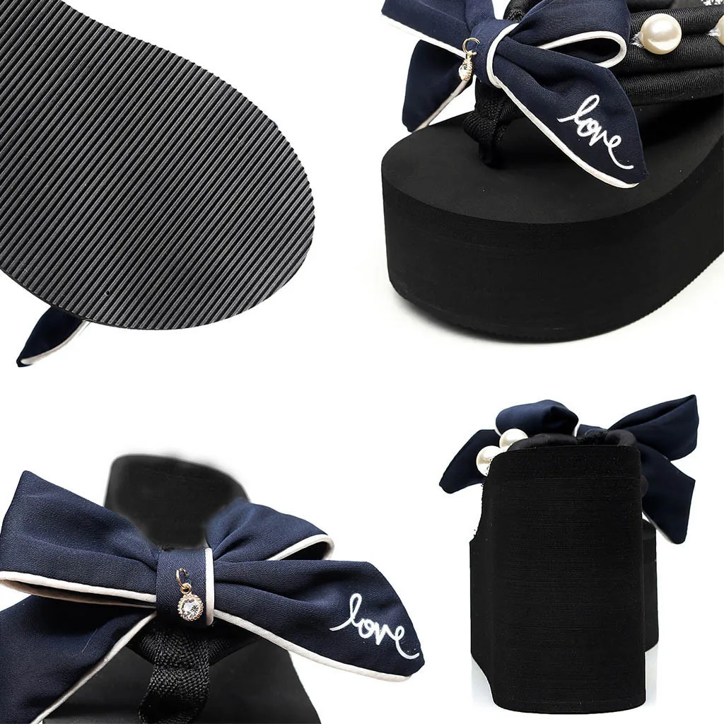 Шлепанцы на танкетке с жемчужным бантом, chaussures femme ete, пляжная обувь, женские повседневные тапки, женская обувь, zapatos mujer
