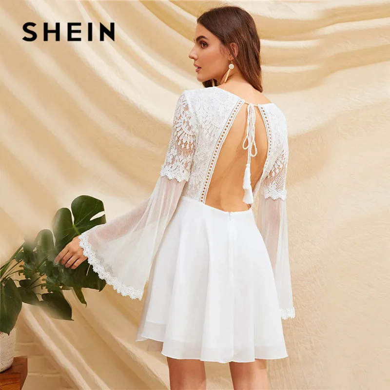 SHEIN Кружевное Платье С Сетчатыми Рукавами И Открытой Спинкой Женское Весеннее Сексуальное Платье С V-Образным Вырезом И Длинными Рукавами