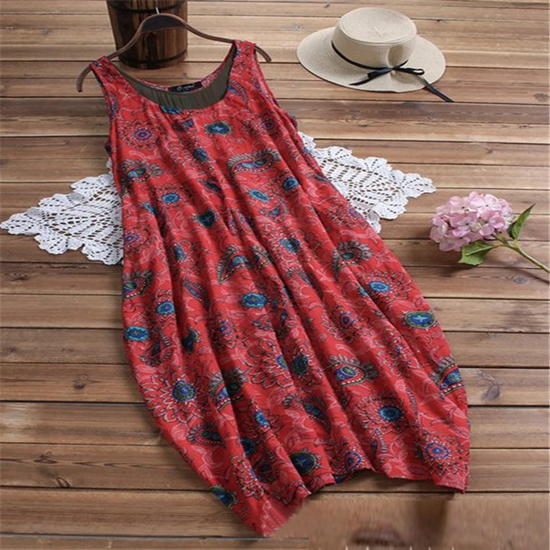 

2019 Summer New Women Fashion Folk Style Sleeveless O Collar Cotton Linen Printed Dress Vintage Maxi Dress Plus Size XXL