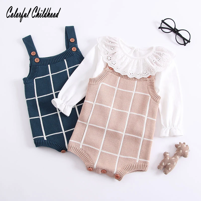 

Vintage plaid design khaki/emerald knitted romper baby boy/girls sleeveless jumpsuit infant kids overalls children clothes 0-24m
