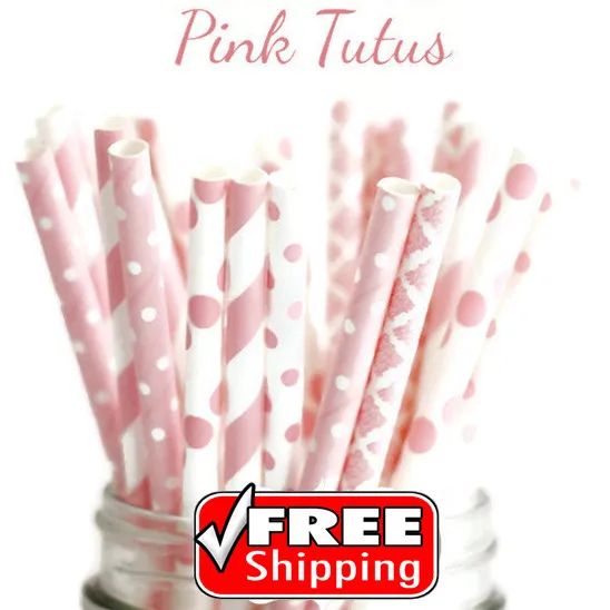 

250pcs Mix 5 Designs Light Pink Tutus Themed Paper Straws-Baby Pink-Stripe,Dot,Damask-Bridal Shower,Birthday Party,Vintage,Bulk