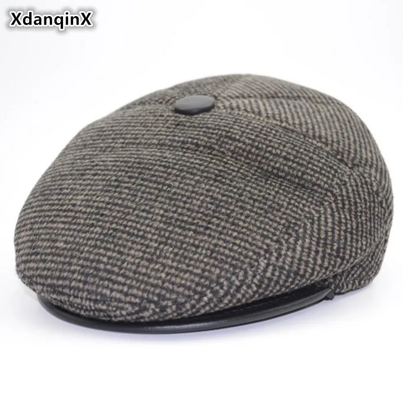 

XdanqinX Autumn Winter Middle-aged Hat Men's Warm Beret With Earmuffs Plush Warm Earmuff Cap 2019 New Fashion Dad's Berets Hats