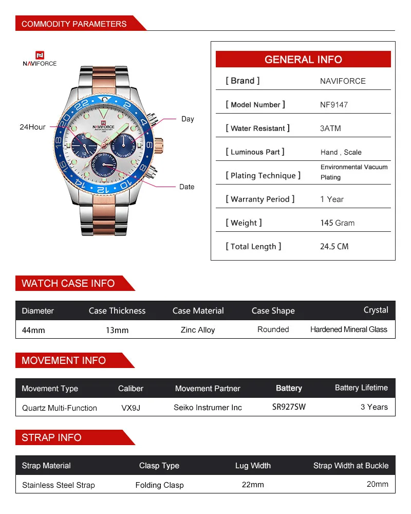 Часы NAVIFORCE мужские спортивные водонепроницаемые кварцевые из нержавеющей стали