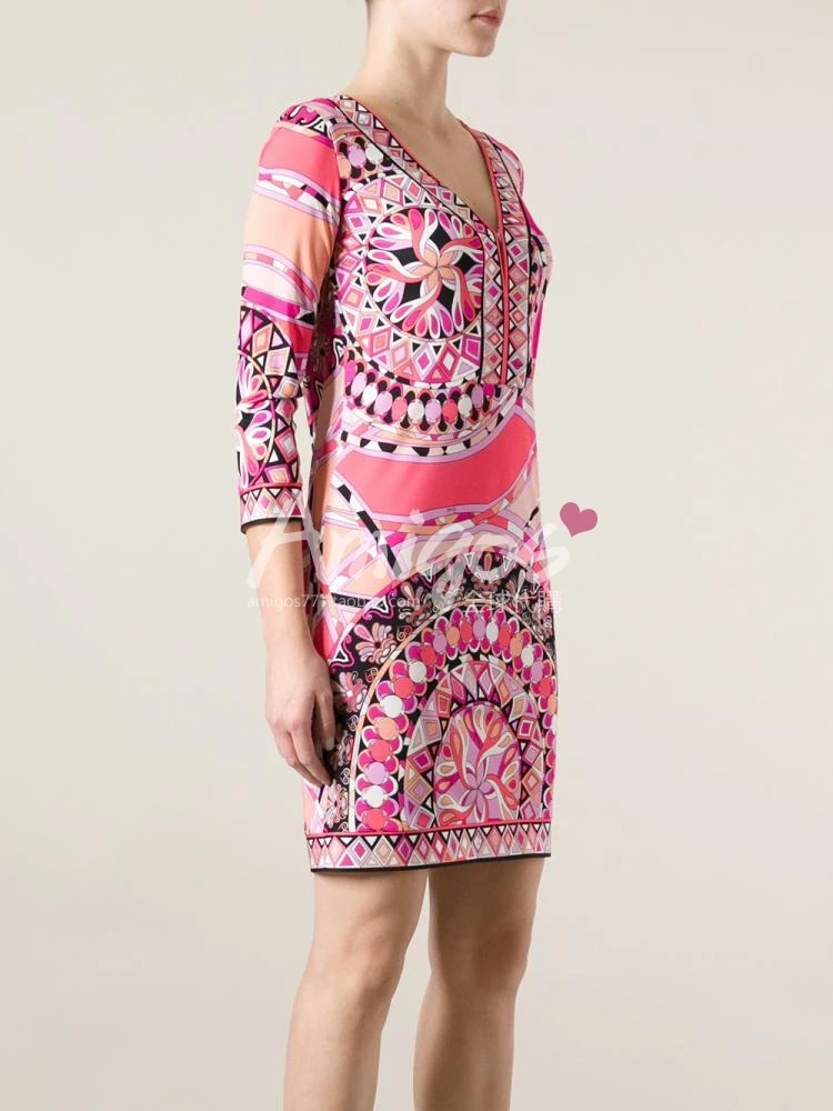 Осень 2016 женское платье с геометрическим принтом рукавом 3/4 длиной до колена