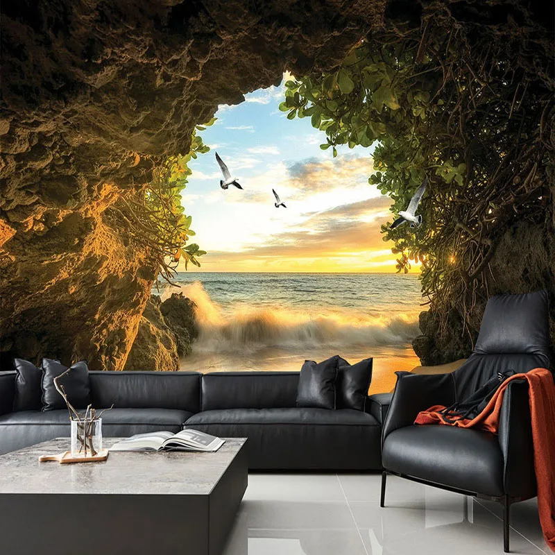 Photo Wallpaper Modern Cave Seaside Scenery Mural Wall Paper Restaurant Cafe Dining Room Backdrop Wall Decor Papel De Parede 3 D