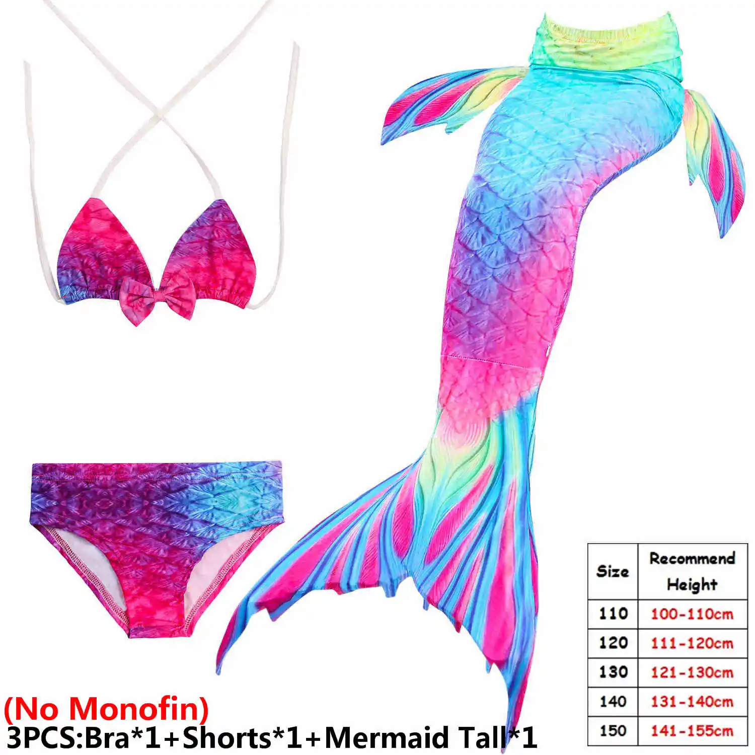 3pcs NO Monofin Детский купальный костюм русалки, бикини для девочек, хвост русалки, купальный костюм, детская одежда, Раздельный купальник, хвост русалки, одежда для купания - Цвет: 3pcs NO Monofin